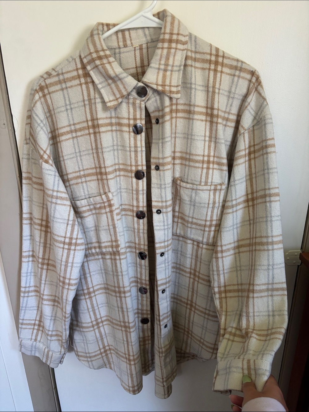 SHEIN Cream and Tan Plaid Button-Up Jacket